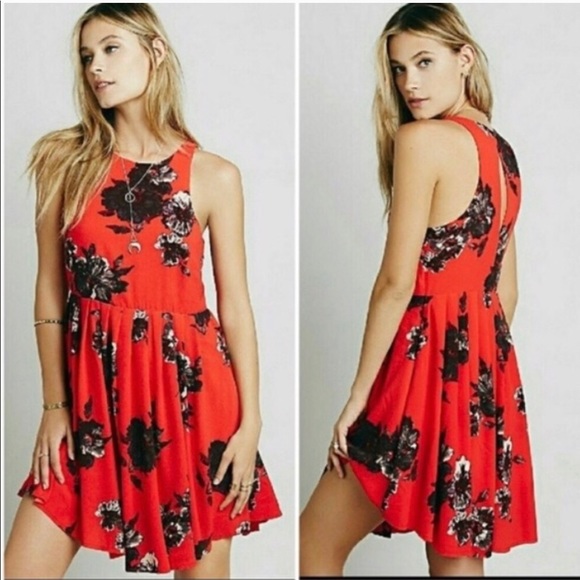 red floral sleeveless dress